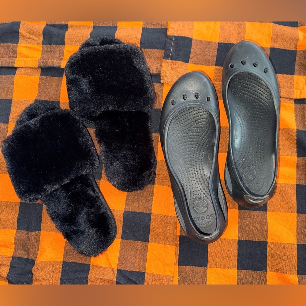 CROCS Perforated Flats and black fuzzy slides
